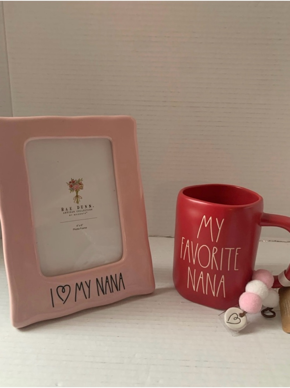 Rae Dunn Nana Mug Pink "I ♥ My Nana" Frame with Red "My Favorite Nana" Mug